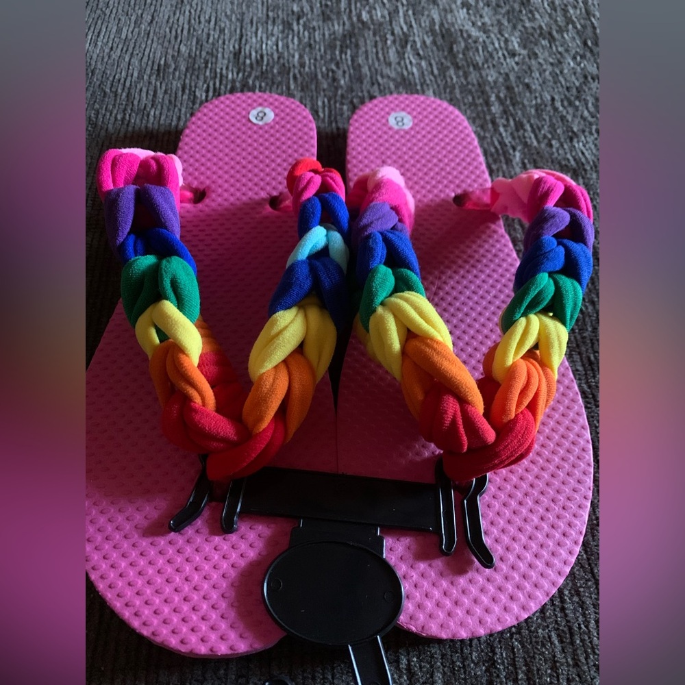 Womans Pink Flip Flops with Rainbow Braided Straps